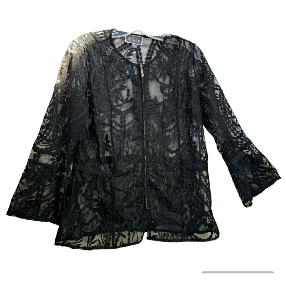 GUILLAUME NEW Lace Peplum Zip Bell Sleeves Top Jacket Blouse Fit Flare Crew Neck